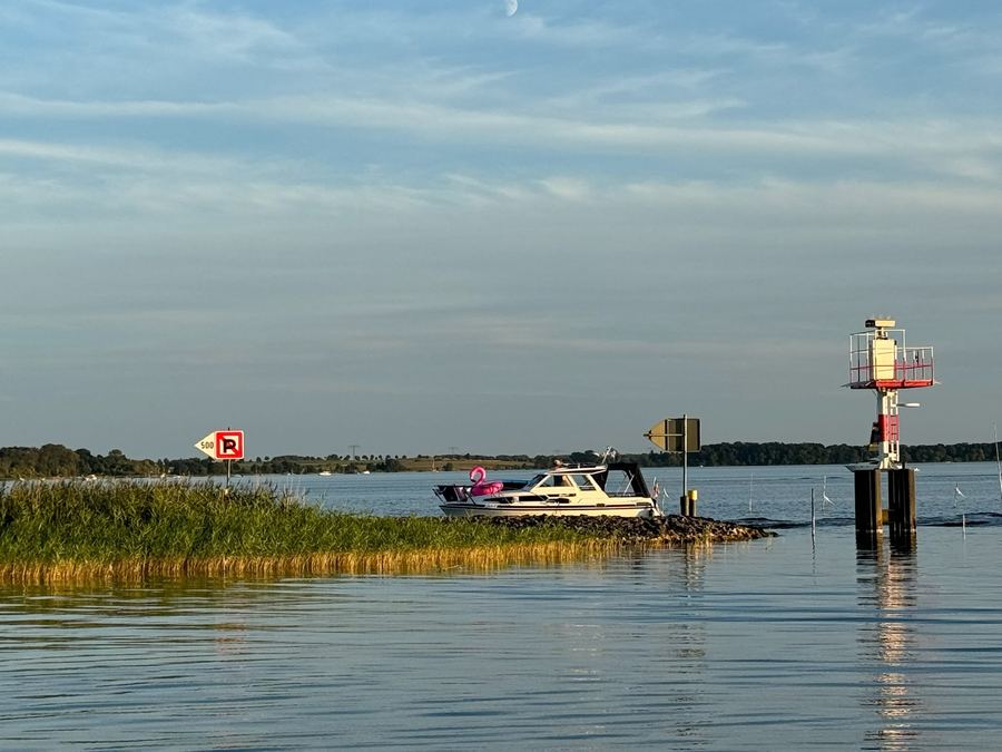 Motorboot im Fahrwasser neben Schilf und einer rot-weißen Fahrwassertonne